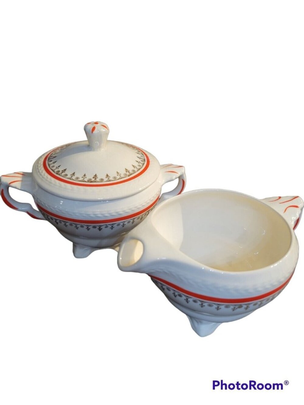Crown Potteries Co USA Made Creamer Lidded Sugar Set Cream Red Gold c1800-1950 - Picture 1 of 12